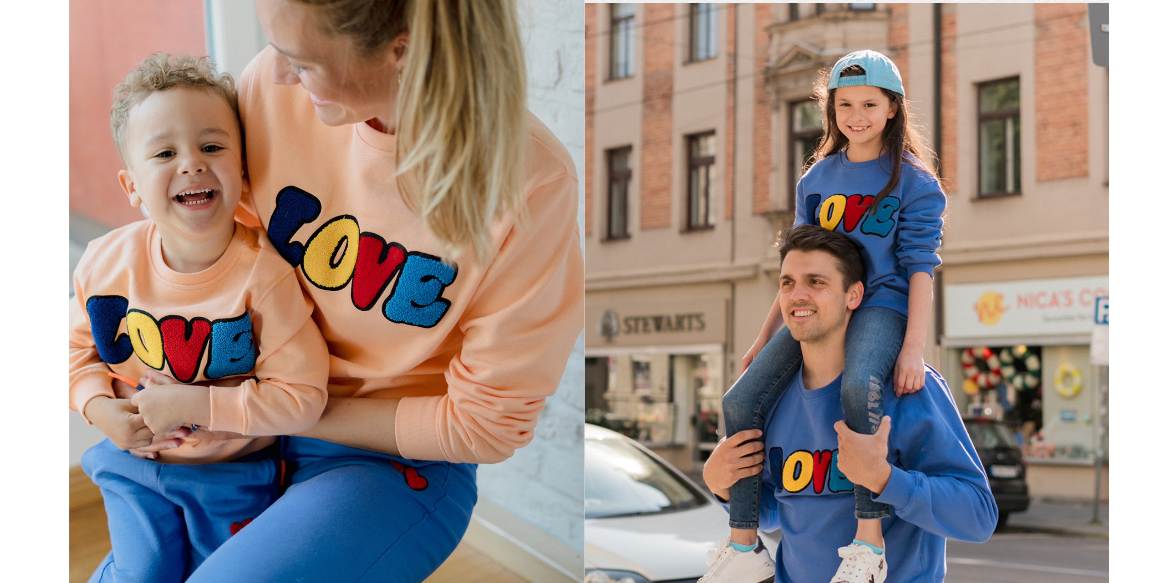 CHIO MI MiniMe Style und Partner Look Sweatshirts for the family with LOVE Embroidery in Coral and Blue - Partner Sweatshirts and Partner Pants